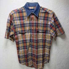 VTG Unique Wrangler Mens Pearl Snap Western Shirt Plaid Denim Collar S Sleeve picture