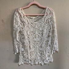 Adiva Cream Crochet Lace Top L 3/4 Sleeve Lined Boho picture