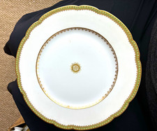 Limoges Starburst White Porcelain Plate Green & Gold Border set of 4 picture