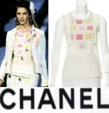 Chanel Vintage 2004 White Crochet Top 36 38 40 4 6 8 Tank Shirt CC Logo Vtg S M picture