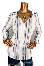 Chico’s 3 or XL Top Stripe Soft Pleated Golden Shiny Keyhole Knot Tie Blouse 3/4 picture