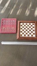 Vintage Miniature Chess Set Wood Board Gold Silver Tone Metal Pieces Complete picture