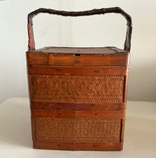 Brown Wooden Sewing Basket Box w/ Handle, Woven Panels & Metal Latch picture