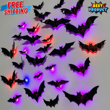 24/12pcs Halloween 3D Glowing Bat Decorations Haloween Party Scary Wall Bat Glow picture