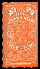 1865 US Newspaper Stamp Scott #PR3 25c Lincoln Orange Red - NGAI - VF Center 🔥 picture