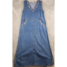 Jane Ashley Dress Womens PM Blue Denim Floral Embroidered Button Front Maxi picture