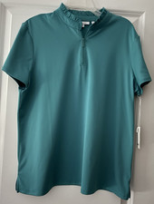 NWT Chico’s Zenergy Ruffle 1/4 Neck Zip Polo USPF +50 Top Sz 2 L 12-14Turquoise picture