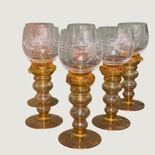 Six Vintage Etched Theresienthal Roemer Wine Glasses Amber Beehive Knob Stem picture