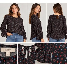 LOFT Womens Black Floral Diamond Tiered Bell Sleeve Back Tie Blouse Small picture