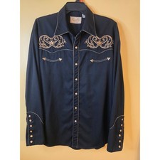 Scully Mens Western Shirt Black Embroidered Star Pearl Snap Style P-848 Large picture