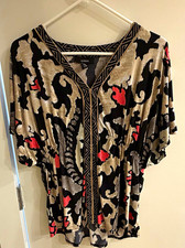 Alfani Women’s Black/Beige/Pink Abstract V-Neck Short Sleeve Pullover Blouse M picture