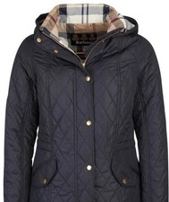 Barbour Millfire Hooded Quilted Womens Jacket Navy Blue Classic Tartan US 14 picture