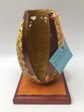 Hand Carved Orange Gold Painted Gourd Bowl Artist Signed Linda Pillar Native Art picture