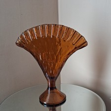 Vintage Fenton Golden Amber Diamond Quilted Crimped Rim Peacock Fan Vase  picture