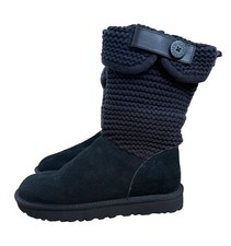 UGG Shaina Black Suede Knit Mid-Calf Boots Button Comfort US 8 EU 39 NOS NWOB picture