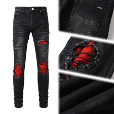 Stylish Men's Black Skinny Jeans, Stretch Ripped Denim with Red Contrast Patches picture