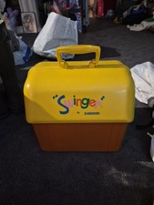 VINTAGE SWINGER COOLER ICE CHEST BY POLORON WITH SPLIT TOP LID ~ YELLOW & BROWN picture