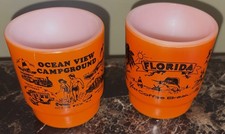 2 Vtg Anchor Hocking Souvenir Orange Mugs~Ocean View Campground NJ~Florida picture