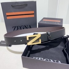 Zegna Men's Reversible Leather Belt Black Brown Gold Z Buckle 3.4cm picture
