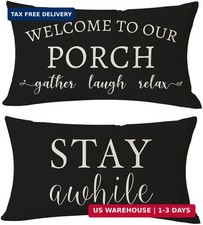 Welcome to Our Porch Stay Awhile Farmhouse Black and White Outdoor Lum picture