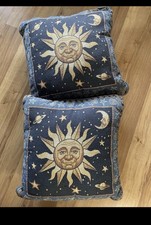 Vintage Celestial Sun Moon Stars Tapestry Throw Pillows Pair Blue Whimsigoth 90s picture