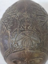 Very Nice Antique French Bugbear Carved Coconut Powder Flask Dated 1806 picture