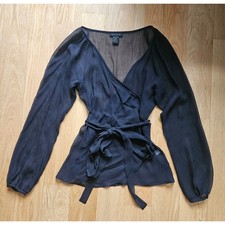 Vintage 90s The Limited Navy Blue Sheer 100% Silk Wrap Blouse Medium picture