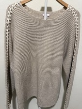 NWT J Jill Ribbed Knit Boatneck Pullover Sweater Whipstiched Dk Oatmeal/Cream picture