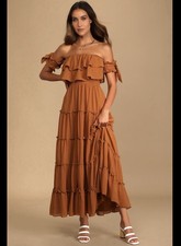 Lulus Chance For Us Light Brown Off-the-Shoulder Ruffled Maxi Dress XL picture