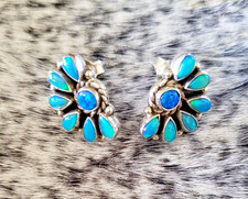 Vintage Native American Sterling Silver Blue Fire Opal Cluster Earrings  picture