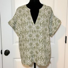 Sugarlips Olive Green Damask V-Neck Linen Blend Top Womens Large picture