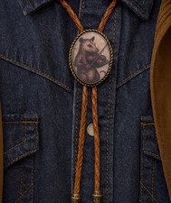 Opossum Playing Fiddle Bolo Tie Vintage Western Leather Cowboy Necktie picture