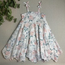 Joie Girls' Size 5 Handkerchief Hem Dress Floral Smocked Back Lined White Pink picture