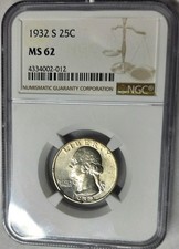Choice 1932-S WASHINGTON QUARTER NGC MS 62 High Grade Beauty  picture