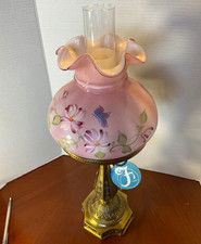 Fenton Asters on Rose Overlay Hurricane Lamp 1997 HP & Signed - Very HTF Mint picture