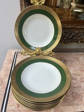 8 Vintage Rare Signed Martial M. Raynaud Limoges Green Gold Dinner Soup Plates picture