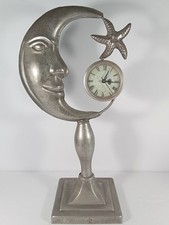 VTG. Celestial Crescent Moon Face Table Clock Cast Aluminum Star Whimsigoth Boho picture