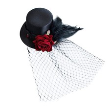 1920s Mini Fascinator Hat for Women - Black Satin Tea Party Headwear with Feathe picture