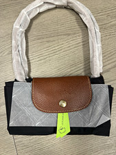 Longchamp Le Pliage Medium Black Tote Brown Leather Handles Fold Zip Snap picture