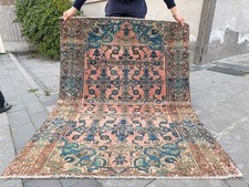 4.1x5.5 ft Vintage Oushak Rug Salmon Pink Indigo Blue Turkish Boho Carpet picture
