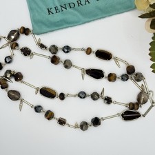 RARE Kendra Scott Ruth Long Necklace Tigers Eye Gold Tone Chain w/Original Bag picture