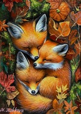 Original ACEO painting Fox Cubs Fall Cozy Forest Woodland by Manuela MISHKOVA picture