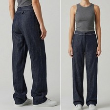 VTG Y2K DKNY Pure Womens 32 Ramie Linen Cinch Back Trousers Slouchy Indigo Denim picture