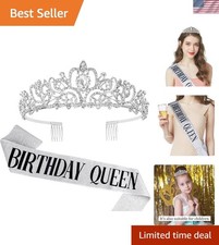 Dazzling Silver Glitter Birthday Queen Sash with Adjustable Tiara for Women picture