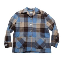 Vintage Aldens Jacket Womens L Blue Plaid Wool Flannel Button Pockets Barn picture