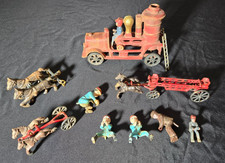AnotherTime Lot of Vintage Cast Iron Fire Truck Horse Drawn Wagon Antique Toys picture