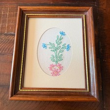 VTG Hand Embroidered Floral Bouquet in Wood Frame - Cottagecore Wall Art 8x10 picture