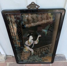 Vintage Chinese Reverse Painting on Glass Frame, Geisha W/ Bird On Balcony 23x17 picture