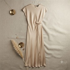 Zara Ruched Waist Satin Effect Midi Dress Women's Size S Beige Short Sleeve Slip picture