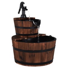 2-Tiers Outdoor Wooden Barrel Waterfall Fountain with Pump - Color: Brown picture